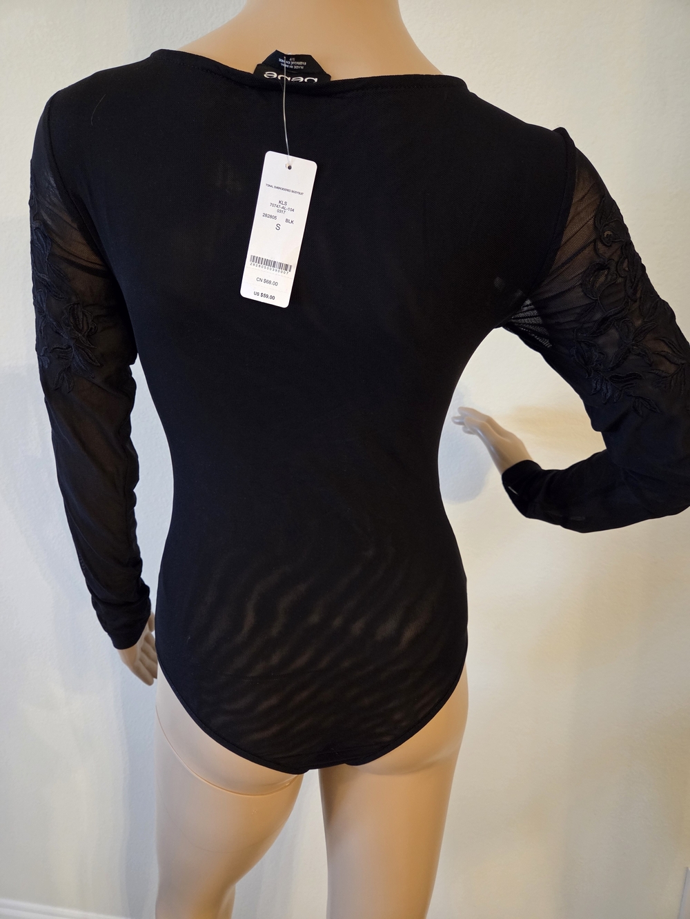 bebe Black Sheer-Panel Long Sleeve Bodysuit